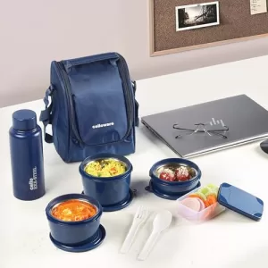 Cello Mf All In One Lunch Box Set Of 5 With Bag, Blue | 3 Containers With Steel Inner, 1 Plastic Pickle Box And 1 Steel Bottle | Microwave Safe | Insulated Tiffin Ideal For Office, School, College