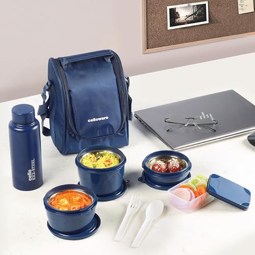 Cello Mf All In One Lunch Box Set Of 5 With Bag, Blue | 3 Containers With Steel Inner, 1 Plastic Pickle Box And 1 Steel Bottle | Microwave Safe | Insulated Tiffin Ideal For Office, School, College