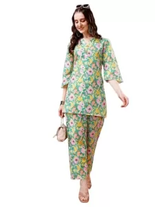 Yashika Women’S Trendy Printed Cotton Blend Straight Light Green Color Kurta And Palazzo Set(Ys-Ks2075-L)