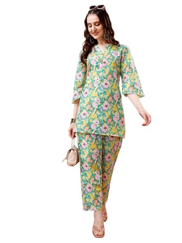 Yashika Women’S Trendy Printed Cotton Blend Straight Light Green Color Kurta And Palazzo Set(Ys-Ks2075-L)