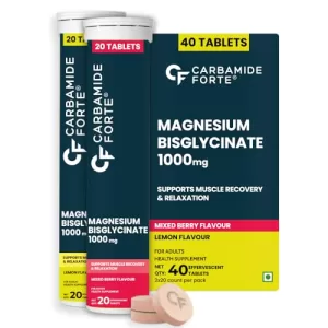 Carbamide Forte Magnesium Supplements Bisglycinate Effervescent Tablets 1000Mg | Magnesium Glycinate Tablets | Supports Sleep, Muscle Cramp & Nerve Function – 2 X 20 Tablet – Lemon & Mixed Berry Flavour