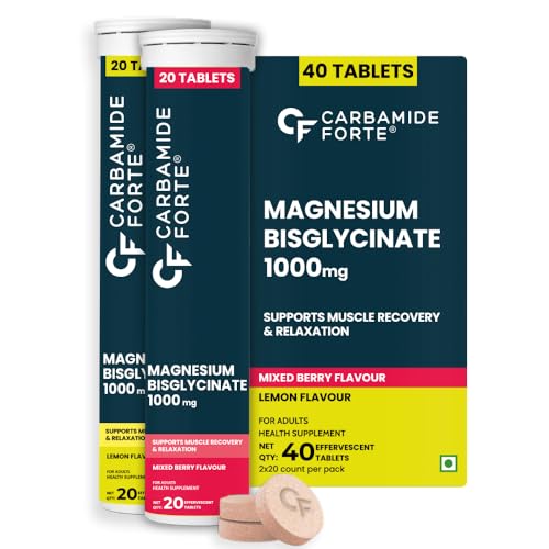 Carbamide Forte Magnesium Supplements Bisglycinate Effervescent Tablets 1000Mg | Magnesium Glycinate Tablets | Supports Sleep, Muscle Cramp & Nerve Function – 2 X 20 Tablet – Lemon & Mixed Berry Flavour