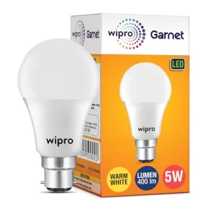 Wipro Garnet 5W Led Bulb For Home & Office |Warm White (2700K) | B22 Base|220 Degree Light Coverage |4Kv Surge Protection |400V High Voltage Protection |Energy Efficient | Pack Of 1