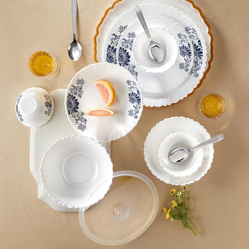 Larah By Borosil Silk Series Leona Opalware Dinner Set With Steel Spoon | 41 Pcs For Family Of 6 | Microwave & Dishwasher Safe | Bone-Ash Free | Crockery Set For Dining & Gifting | Plates & Bowls