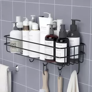 Boniry Stainless Steel Bathroom Shelf For Wall, Self Adhesive Bathroom Organiser, 4 Hooks For Towel Holder, Space-Saving Wall Mounted Bathroom Shelf With Elegant Design (Pack Of 1, Black)