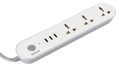 Havells Usb Star – 3+1 Extension Board| 1.5Mtr Copper Isi Certified Wire | Surge And Spike Protection | 3 Universal Sockets And 3 Usb Ports, 3.1 Amp| 6A, 240 V Ac | Led Indicator | Home & Office Use