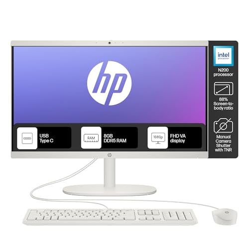 Hp All-In-One, Intel N200 (8Gb Ddr5, 512Gb Ssd) 21.45” (54.5 Cm), Fhd, Win11, White, 4.17 Kg, Intel Uhd Graphics, 720P Hd Camera W/Privacy Shutter, Dual Speakers, Dg0154In