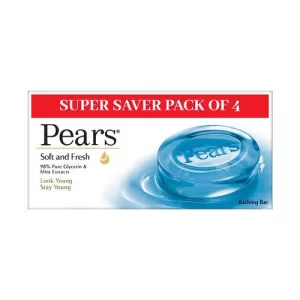 Pears Soft and Fresh Soap Bar (Combo Pack of 4) – With Glycerin and Mint for Soft Skin & Body, Paraben-Free Body Soaps For Bath Ideal for Men & Women
