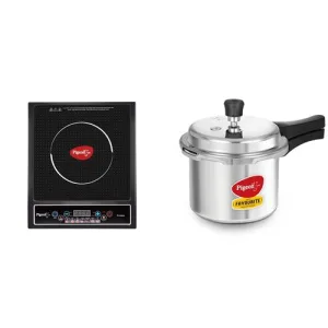 Pigeon Aluminium By Stovekraft Cruise 1800 Watt Induction Cooktop With 7 Segments Led Display, Preset Timer, Auto Switch Off & Favourite Outer Lid Non Induction Pressure Cooker, 3 Litres,silver