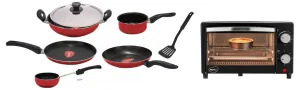 Pigeon By Stovekraft Glass Oven Toaster Grill (12381) 9 Liters (Grey) & Cookware Set Of 7 Piece, Includes Tawa 23 cm, Fry Pan 24 cm, Kadai With Lid 24 cm, And Sauce Pan (Red)