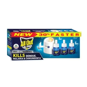 All Out Ultra Liquid Vaporizer, Machine + 3 Refills (45ml each) | Kills Dengue, Malaria & Chikungunya Spreading Mosquitoes| India’s Only Mosquito Killer Brand Recommended by Indian Medical Association