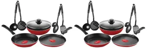 Pigeon by Stovekraft Mio Nonstick Aluminium Cookware Gift Set, Includes Nonstick Flat Tawa, Nonstick Fry Pan, Kitchen Tool Set, Kadai with Glass Lid, 8 Pieces Non-Induction Base Kitchen Set – Red