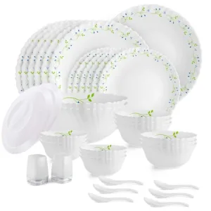 Cello Opalware Dazzle Series Tropical Lagoon Dinner Set, 37 Units | Opal Glass Dinner Set for 6 | Light-Weight, Daily Use Crockery Set for Dining | White Plate and Bowl Set