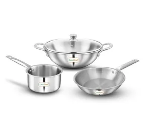 Greenchef Stainless Steel Tri ply Stainless Steel Crest Combo (Kadhai 22CM with Glass lid, FryPan 22CM, Saucepan 14CM) Exterior Surface, Induction Compatible, Scratch Resistant