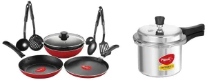 Pigeon by Stovekraft Favourite Outer Lid Non Induction Aluminium Pressure Cooker, 3 litres, Silver & Mio Aluminium Gift Set, Red (8 Pieces) Combo