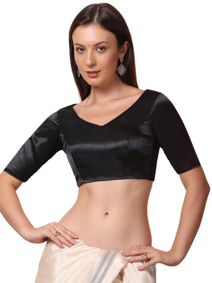Happy Owl Women’s Black Solid Stretchable Smocked Readymade Saree Blouse | Ready to Wear Blouse with Hook and Eye Closure