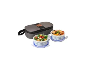 CELLO Opalware Mosaic Rose Lunch Box with Jacket | Leak-Proof & Thermal Resistant | Microwave Safe & Dishwasher Safe | 2 Container with Lid 300ml Each | Set of 2
