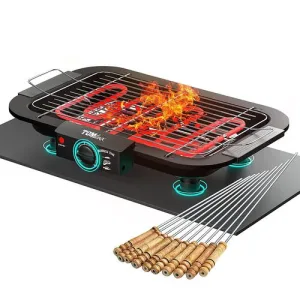 TOMdoxx 2000W Indoor/Outdoor Grill – Smokeless Barbeque with Temperature Control for Steaks, Kebabs & Veggies – Electric Tandoor Set with Grilling Sticks (BBQ)