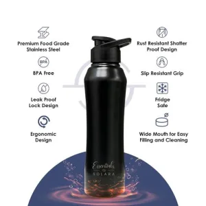 SOLARA Stainless Steel Water Bottle for adults 1 Litre (Pack of 1), Single walled, Steel water bottle 1 ltr, water bottle for school kids, Girls, Travel, Gym, Office, Black Knight