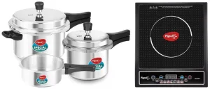 Pigeon Aluminium By Stovekraft Pressure Cooker Combo With Outer Lid Gas Stove Compatible 2, 3, 5 Litre Capacity For Healthy Cooking (Silver) & By Stovekraft Cruise 1800 Watt Induction Cooktop (Black)