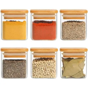 Jinelza Airtight clear glass storage canister with wood lid food storage container jar with sealing bamboo lid for kitchen storage and multipurpose use (220ML SQUARE JAR, 6 PCS)