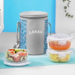 Larah Glassware Vogue Borosilicate Glass Lunchbox with Bag | 3pc Round Container Set (400 ml Each) | Microwave & Dishwasher Safe, Leakproof | Tiffin for Office, School, College | Blue