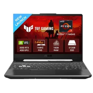 ASUS TUF A15 (2025), AMD Ryzen 7 7445HS, Gaming Laptop(RTX 3050-4GB/75W TGP/16GB RAM/512GB SSD/FHD/15.6″/144Hz/Backlit Keyboard/48Whrs/Windows 11/Graphite Black/2.3 Kg) FA506NCG-HN199W