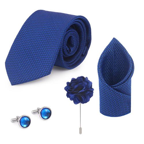 Neuro Club Men’s Solid Micro Self Silk Necktie Gift Set With Pocket Square Cufflinks & Brooch Pin Formal Tie With Box