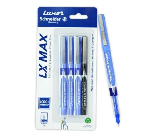 Luxor Schneider LX MAX roller ball pen, Pack of 4, 3 Blue+1 Black, Needle Tip, 0.5mm, 100% German Technology, 1000+ mtrs writing length, Waterproof Ink, Ideal for Students & Professionals