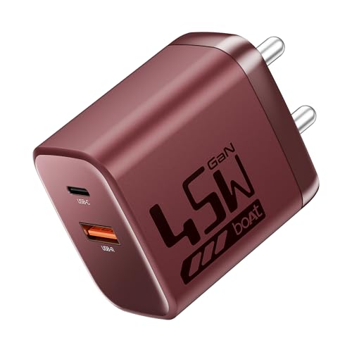 Boat 45W Gan Charger, 2 Output Ports, Pd, Pps & Qc 3.0, Gan Chip Tech, Auto-Detect, Compact & Lightweight, Heat & Corrosion Resistant, Smart Ic Protection, Lightweight(Monarch Red)