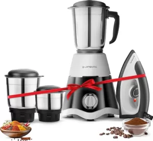Longway Super Dlx 700 Watt Mixer Grinder With 3 Jars For Grinding, Mixing With Powerful Motor & Kwid 1100 Watt Dry Iron | 1 Year Warranty | (Black & Gray, Combo Offer)