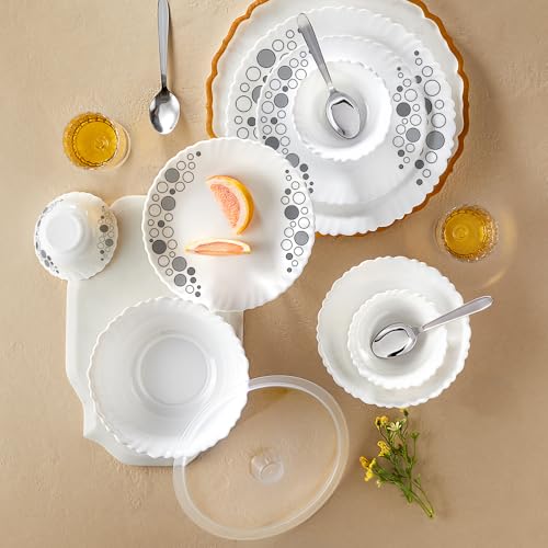 Larah By Borosil Silk Series Luna Opalware Dinner Set With Steel Spoon | 41 Pcs For Family Of 6 | Microwave & Dishwasher Safe | Bone-Ash Free | Crockery Set For Dining & Gifting | Plates & Bowls