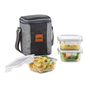 Cello Glassy Square Lunch Box Set Of 3, (320 Ml X 3), Clear | Microwavable Toughened Glass | Leak Proof Design | Tiffin For Office/School/College