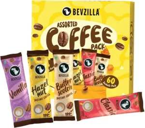 Bevzilla Instant Coffee Powder – 60 Sachets Box, Makes Premium Cups, 15 Sachet Each Instant Coffee  (60 x 2 g, Assorted Flavoured)
