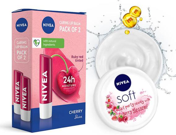 NIVEA Cherry Fruity Shine Lipbalm + Soft Light Moisturizing Cream Berry Blossom Cherry/Berry  (Pack of: 3, 209.6 g)