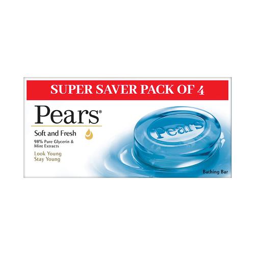 Pears Soft and Fresh Soap Bar (Combo Pack of 4) – With Glycerin and Mint for Soft Skin & Body, Paraben-Free Body Soaps For Bath Ideal for Men & Women
