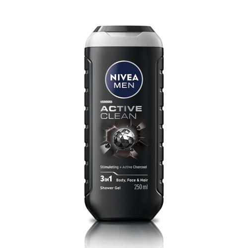 NIVEA Men Body Wash, Active Clean with Active Charcoal, Shower Gel for Body, Face & Hair, 250 ml
