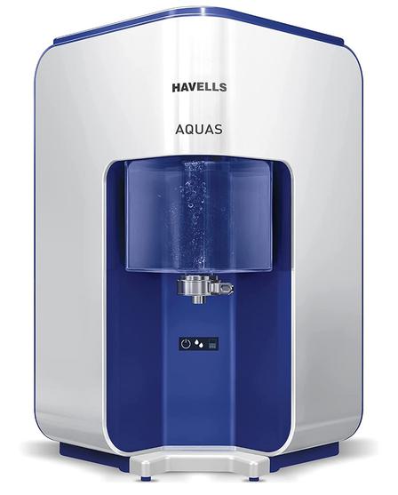 Havells AQUAS Water Purifier (White and Blue), RO+UF, Copper+Zinc+Minerals, 5 stage Purification, 7L Tank, Suitable for Borewell, Tanker & Municipal Water