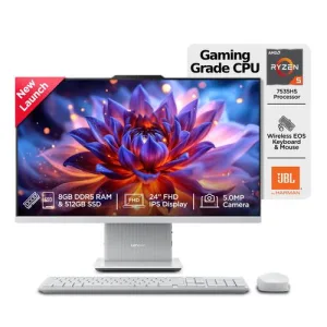 Lenovo Ideacentre AIO AMD Ryzen 5 7535HS 23.8″ FHD IPS All-in-One Desktop(8GB RAM/512GB SSD/Win11/Microsoft 365 Basic + Office Home 2024/3Wx2 Speakers/5MP Camera/Wireless Keyboard & Mouse),F0HR009BIN