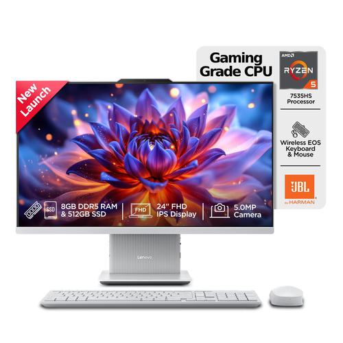 Lenovo Ideacentre AIO AMD Ryzen 5 7535HS 23.8″ FHD IPS All-in-One Desktop(8GB RAM/512GB SSD/Win11/Microsoft 365 Basic + Office Home 2024/3Wx2 Speakers/5MP Camera/Wireless Keyboard & Mouse),F0HR009BIN