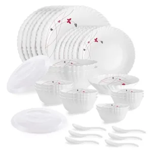 Cello Opalware Dazzle Series Lush Fiesta 35 Piece Dinner Set Serving for 6 | Bone Ash-Free | Lightweight, Elegant White Plates & Bowls Set | Opal Glass Crockery Set for Daily Use Dinning & Gifting