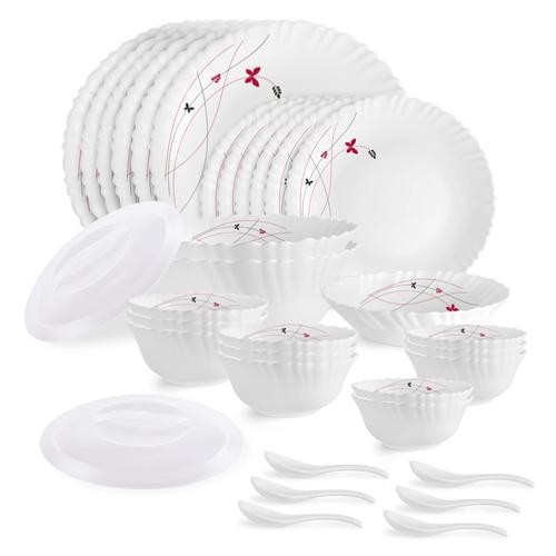 Cello Opalware Dazzle Series Lush Fiesta 35 Piece Dinner Set Serving for 6 | Bone Ash-Free | Lightweight, Elegant White Plates & Bowls Set | Opal Glass Crockery Set for Daily Use Dinning & Gifting