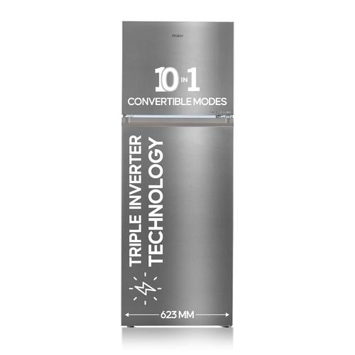Haier 328 L 3 Star Frost Free Top Mount Double Door Refrigerator | Convertible 10-in-1 | Triple Inverter & Fan Motor Technology | Twist Ice Maker (HEF-333TS-P, Inox Steel)