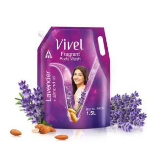Vivel Fragrant Body Wash, Lavender & Almond Oil Shower Gel, 1500ml Supersaver XL Refill Pouch, Moisturizing Bodywash, Soft & Smooth Skin, Effective Cleansing, For Women & Men