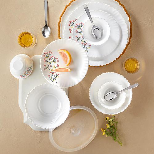 Larah by Borosil Silk Series Red Bud Opalware Dinner Set with Steel Spoon | 41 Pcs for Family of 6 | Microwave & Dishwasher Safe | Bone-Ash Free | Crockery Set for Dining & Gifting | Plates & Bowls