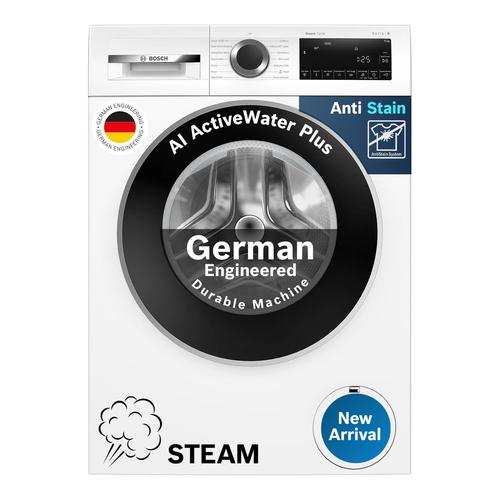Bosch 9kg 5 Star Anti Stain & AI Active Water Plus Fully Automatic Front Load Washing Machine with Built in Heater (WGA14200IN, Pretreatment & Steam with Anti Bacteria and 5 Star Inverter, White)