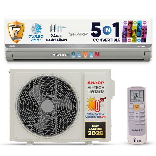 SHARP 1 Ton 3 Star Inverter Split AC (5 years free comprehensive Warranty, Copper, 5in1 Convertible, Turbo Cool Technology, AntiCorrosive Gold Fin, 2025 Model, AHSI12V3BGC, White)