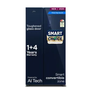 Godrej Smart Choice 600L 3Star Frost Free Smart Convertible AI Tech 3 Intelligent Modes Toughened Glass Door Inverter Side By Side Refrigerator (2025 Model,RS EONVELVET 646C RIT SM BL,Storm Blue)