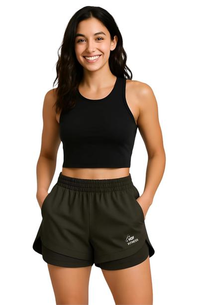 HOUSE OF FUSION Sports Shorts for Women Running Gym Workout – Dry Fit Quick Dry Double Layer Inner Compression with Pockets | Breathable Lightweight Athletic Wear