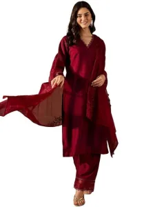 FABIAN FASHION Women’s Solid Silk Blend Kurta And Pant Set With Embroidery Organza Dupatta Ethnic Wear Salwar Suit Set(ES_2537)